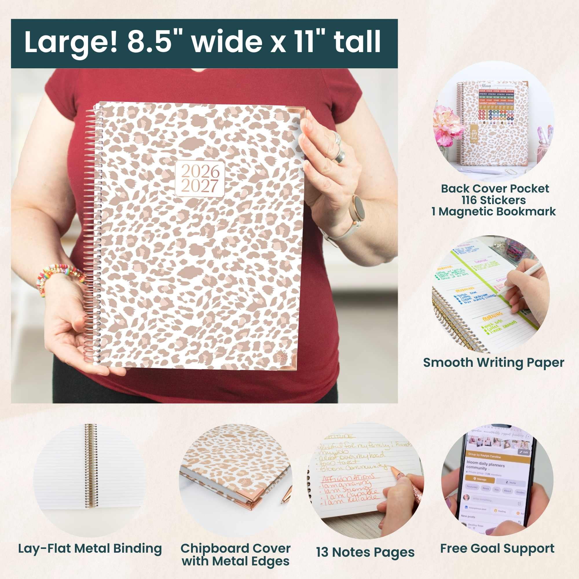 bloom daily planners 2026-2027 Academic Planner, 13-Month Monthly & Weekly Hard Cover, 8.5" x 11", Tan Leopard