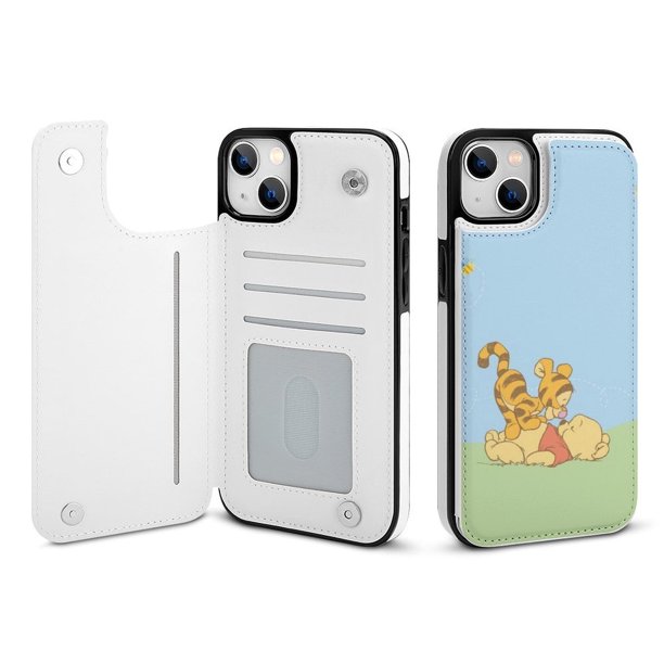 Funda tipo cartera de Winnie The Pooh para iPhone 14 Plus con tarjetero, tapa trasera tipo libro de piel sintética con función atril, ranuras para tarjetas, cierre magnético doble, antigolpes.