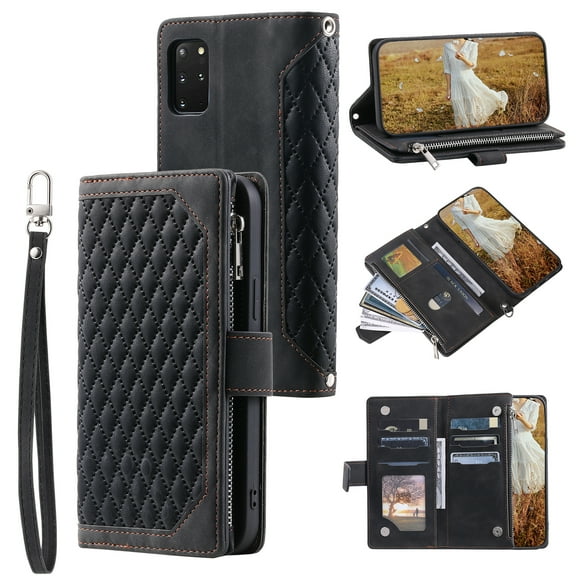 Samsung Galaxy S20 Plus Case, Samsung s20 plus Wallet Case, Folio Kickstand PU Leather Wrist Strap Card Slots Shockproof Zipper Pouch Flip Phone Case For Samsung Galaxy S20 Plus,
Black