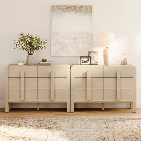 Mid Century 6 Drawer Dresser Set of 2, 47.2" Modern Chest of Drawers with Storage, Curved Profile Wood Double Dresser for Bedroom, Living Room, Hallway