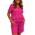 thumbnail image 5 of Womens Linen Two Piece Sets Ruffle Short Sleeve Blouse and Drawstring Pocket Shorts Casual Summer Outfits for Women Hot Pink XL(XL), 5 of 6