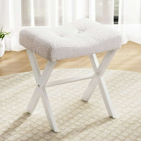 18 Inch Ottoman Foot Rest with Metal X Legs, Boucle Fabric & Breathable Saddle Seat for Vanity Makeup, Living Room, Bedroom and Entryway - White