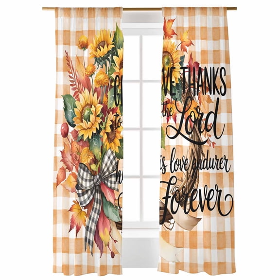Fall Sheer Curtains 96 inches Long, Theme Vintage Yellow Floral Wreath Plaid Light Filtering Sheer Window Curtains Rod Pocket Voile Drapes for Bedroom Living Room, 52"W x 96"L 2 Panels