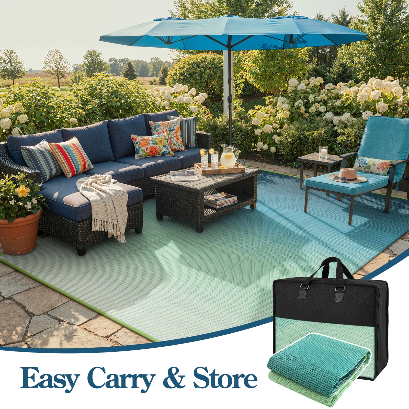 SUNDEREY Outdoor Rug 9'x12', Waterproof Reversible Plastic Straw Mat for Patio, RV & Camping - Lightweight Carpet for Deck, Balcony & Backyard, Teal