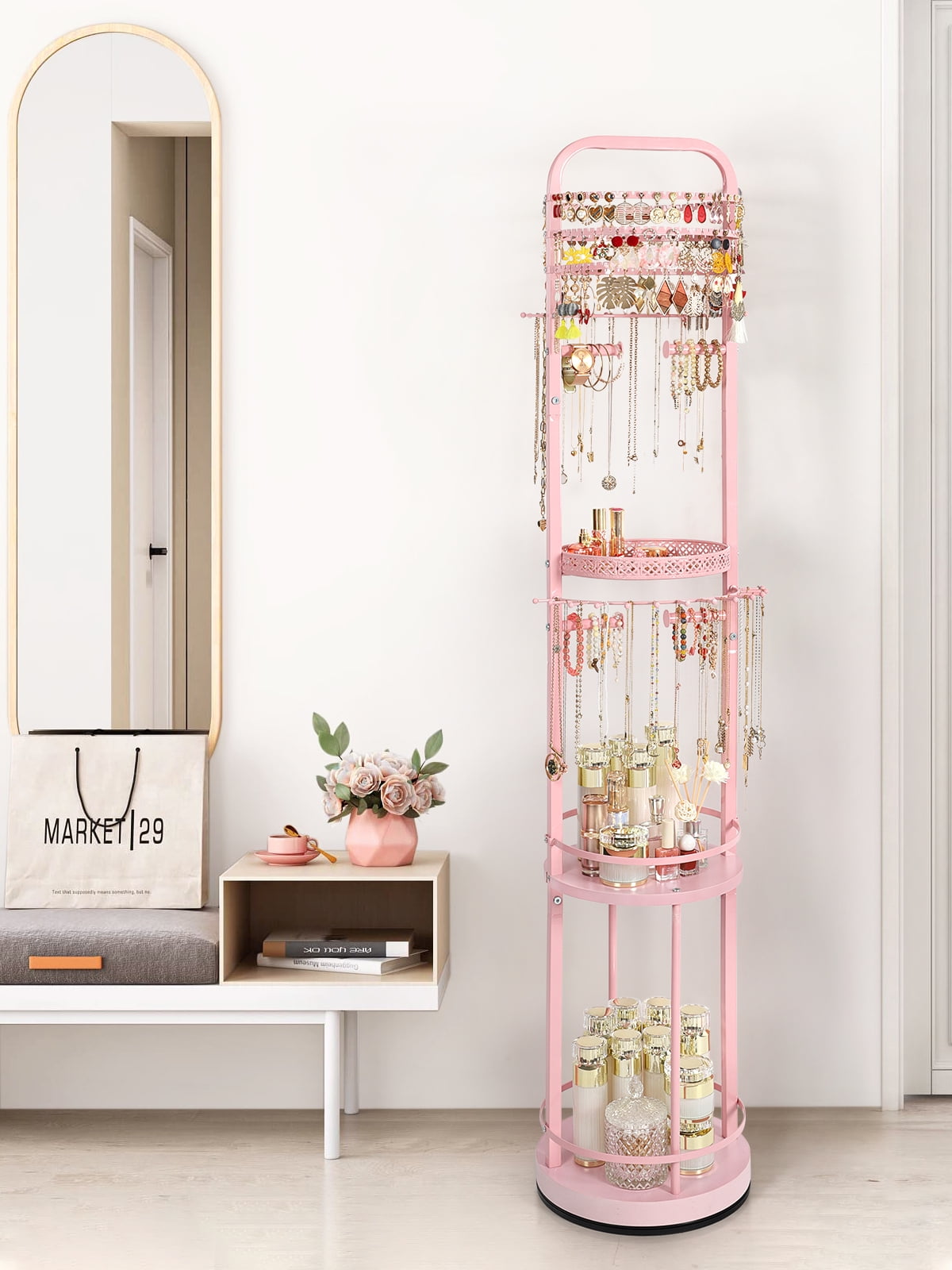 Olakee Rotating Large-Capacity Jewelry Organizer Stand for Earring, Necklace, Bracelet, Ring, Durable Metal & Wood, Girls & Women, Modern, Pink