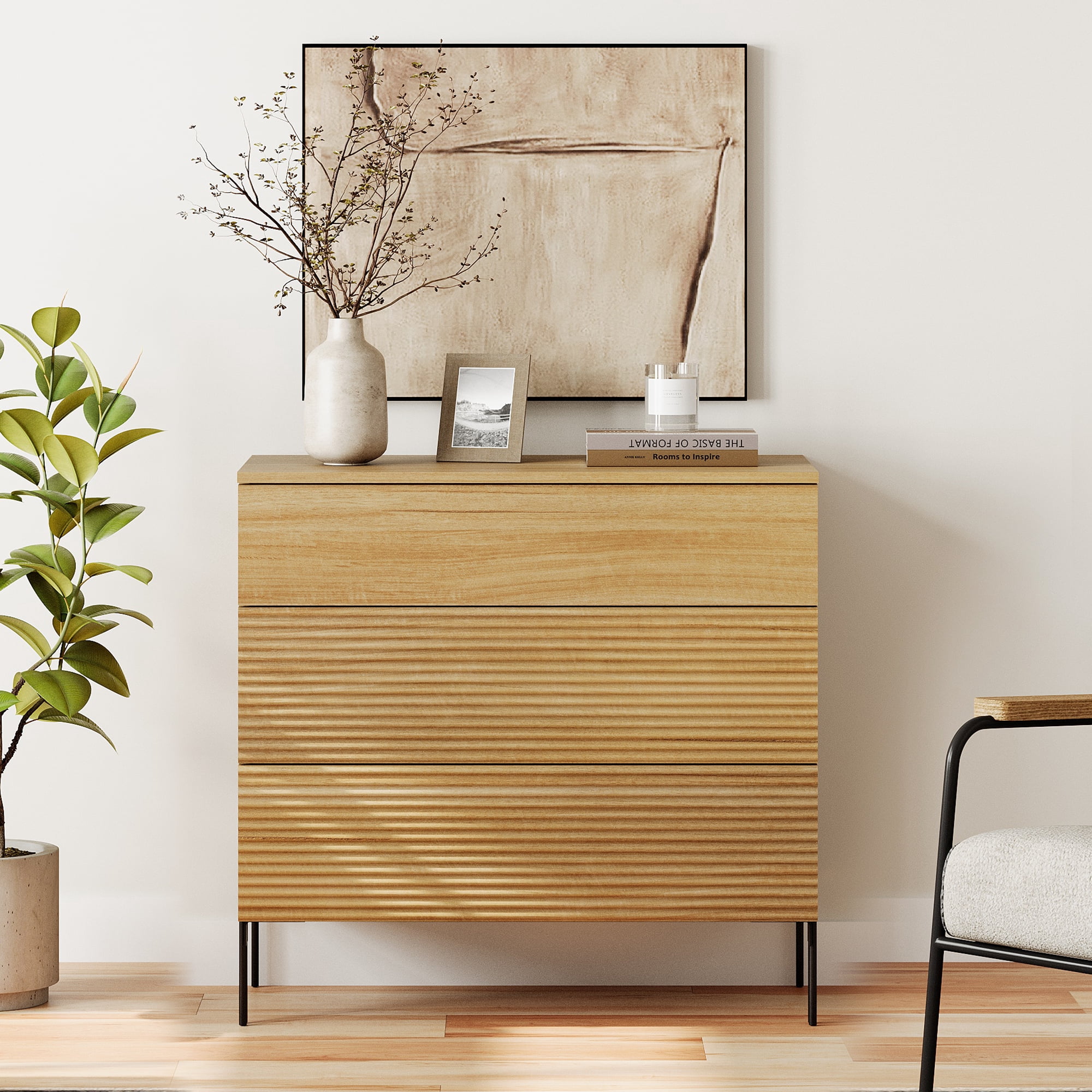 31.5" Wood Accent Chest with Drawers, Modern Credenza Storage Cabinet with Reeded Design for Living Room, Kitchen, Dining Room, Hallway