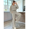 thumbnail image 5 of Women'S 2-Piece Set Cute Knitted Long-Sleeved Cropped Top T-Shirt and Wide-Leg Pants Casual Autumn Outfit Khaki XS, 5 of 8