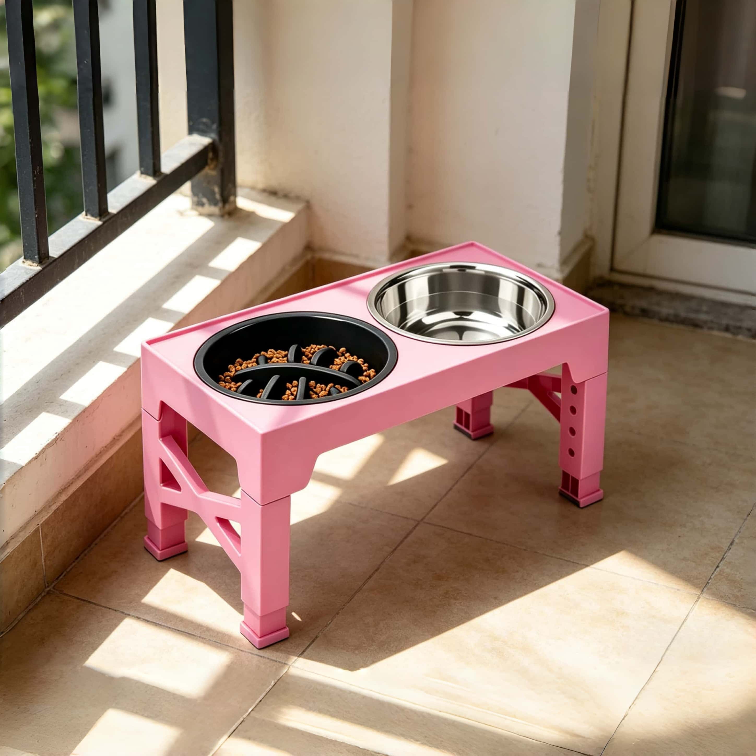 Ceenwes The height-adjustable pet high stand dog bowl with 5 adjustable heights comes with 2 stainless steel dog water bowls and 1 slow feeding dog bowl, suitable for small, medium and large dogs