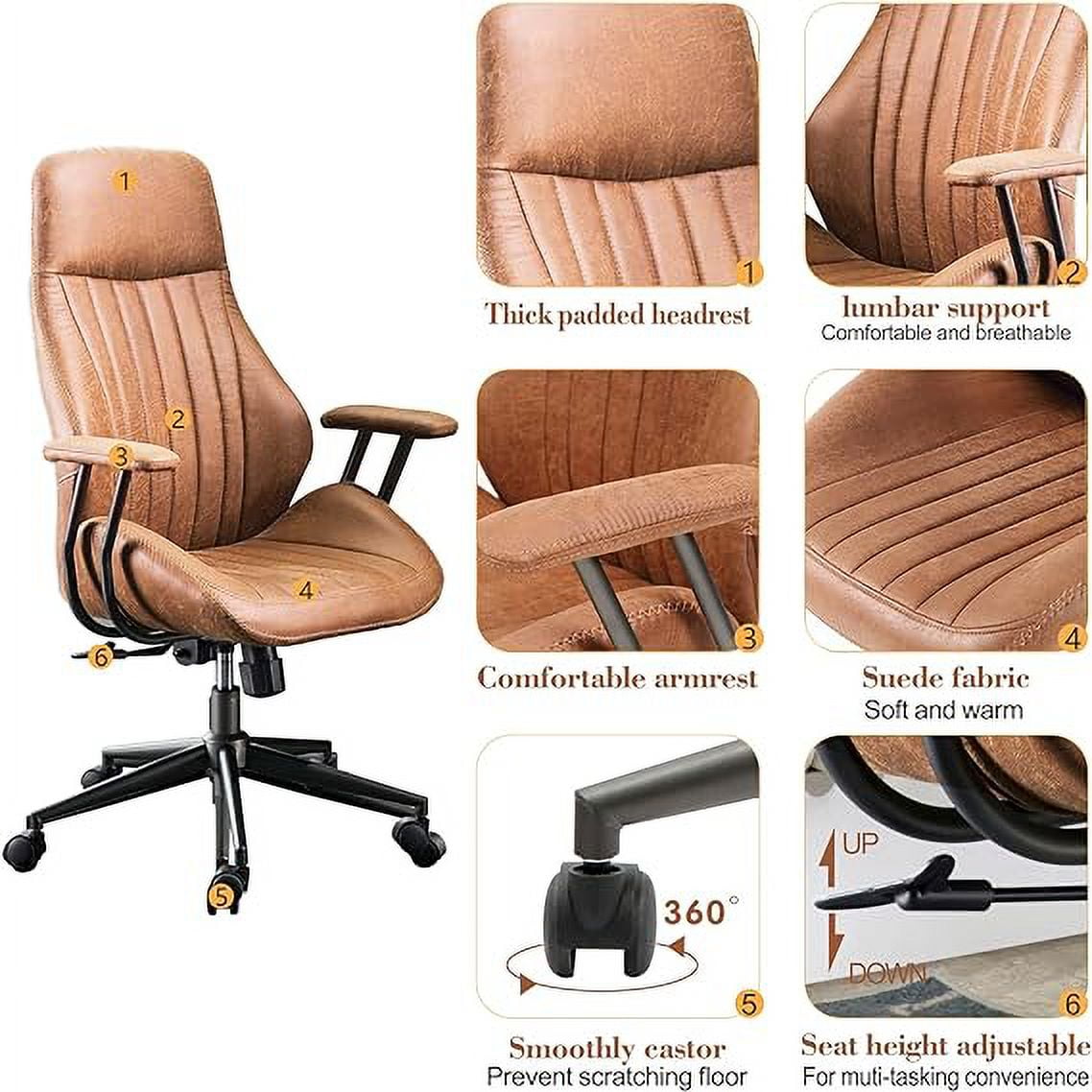 XIZZI Ergonomic Computer High Back Chair, Adjustable Office Desk Chairs Home Suede Fabric Chair-Light Brown