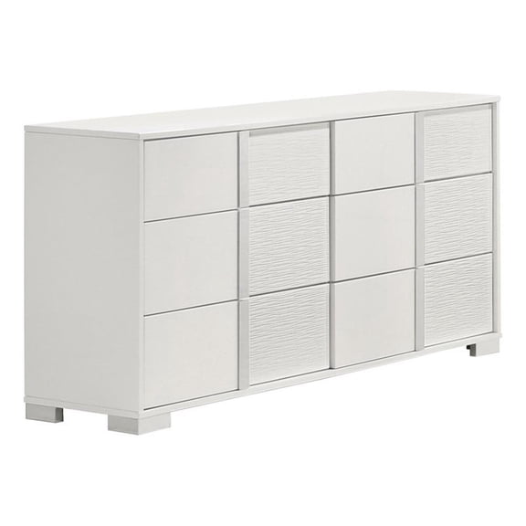 White Wood Lacquer 6 Drawer Dresser with Metal Trim Accent Handle and Leg