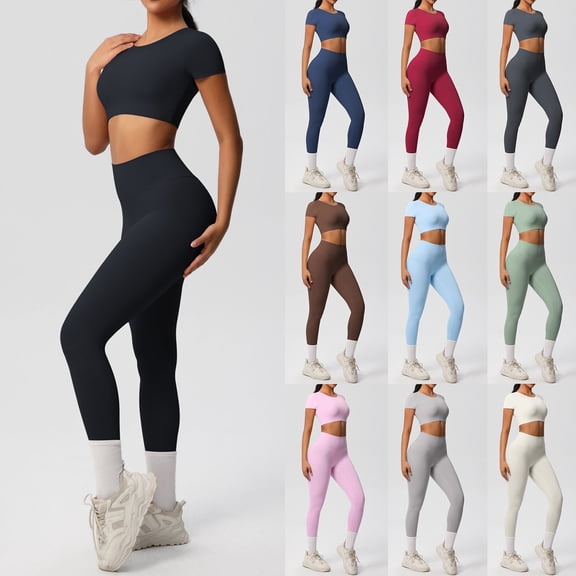 Two Piece Outfits For Women Workout Set Short Sleeve Tracksuit Zip Up Sweatsuits Black L