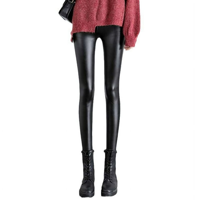 Pantalones de cuero PU para mujer, pantalones de otoño e invierno, leggings, más terciopelo, acolchado, cintura alta, ajustados, a prueba de viento, impermeables, ropa exterior