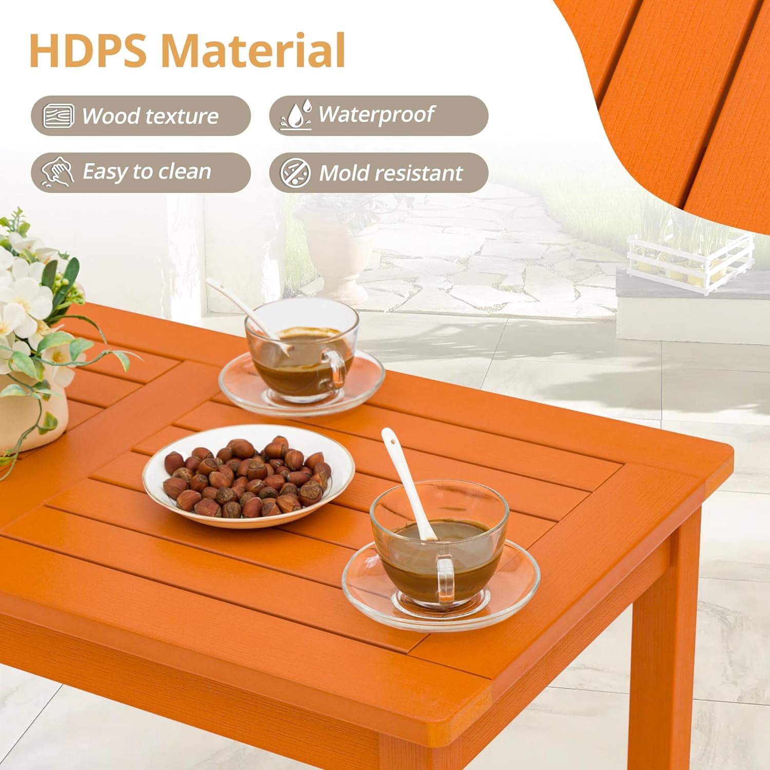 Dycanpo Outdoor Coffee Table Rectangle, HDPS Patio Tables for Outside, 17.7"x 35"x17.7", Orange