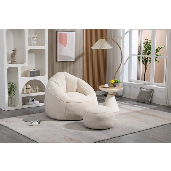 Round Bean Bag Chair with Ottoman, High Pressure Foam Lazy Sofa Chair with Footstool, Ultra Soft BeanBag Chair with Memory Sponge Filler, Floor Lounge Chair for Living Room, Bedroom, Beige