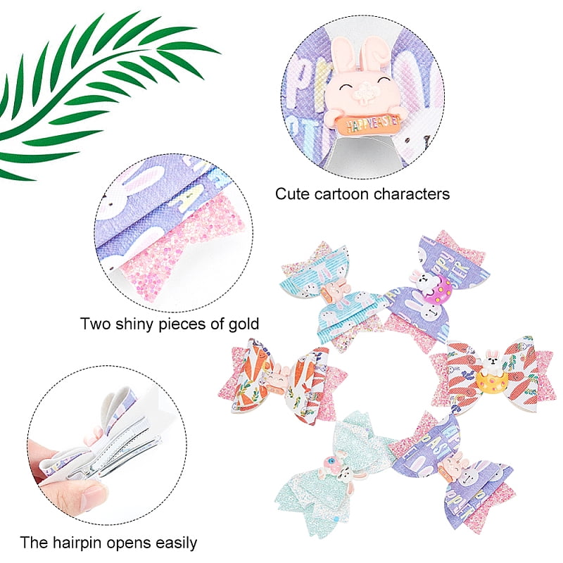 4 Sets 2 Style Baby Girl Hair Bowknot with Bunny Hair Clips Set Easter Hair Accessories for Girls 44.5~52x79~82x13~17mm 2 sets/style for DIY
