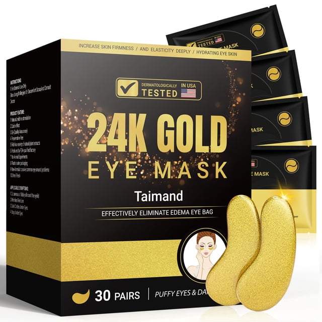 Taimand Parches debajo de los ojos (30 pares) Máscara debajo de los ojos de oro de 24 quilates para ojos hinchados Ojeras Bolsas y arrugas con colágeno Alivia la presión y reduce las arrugas Revitaliz