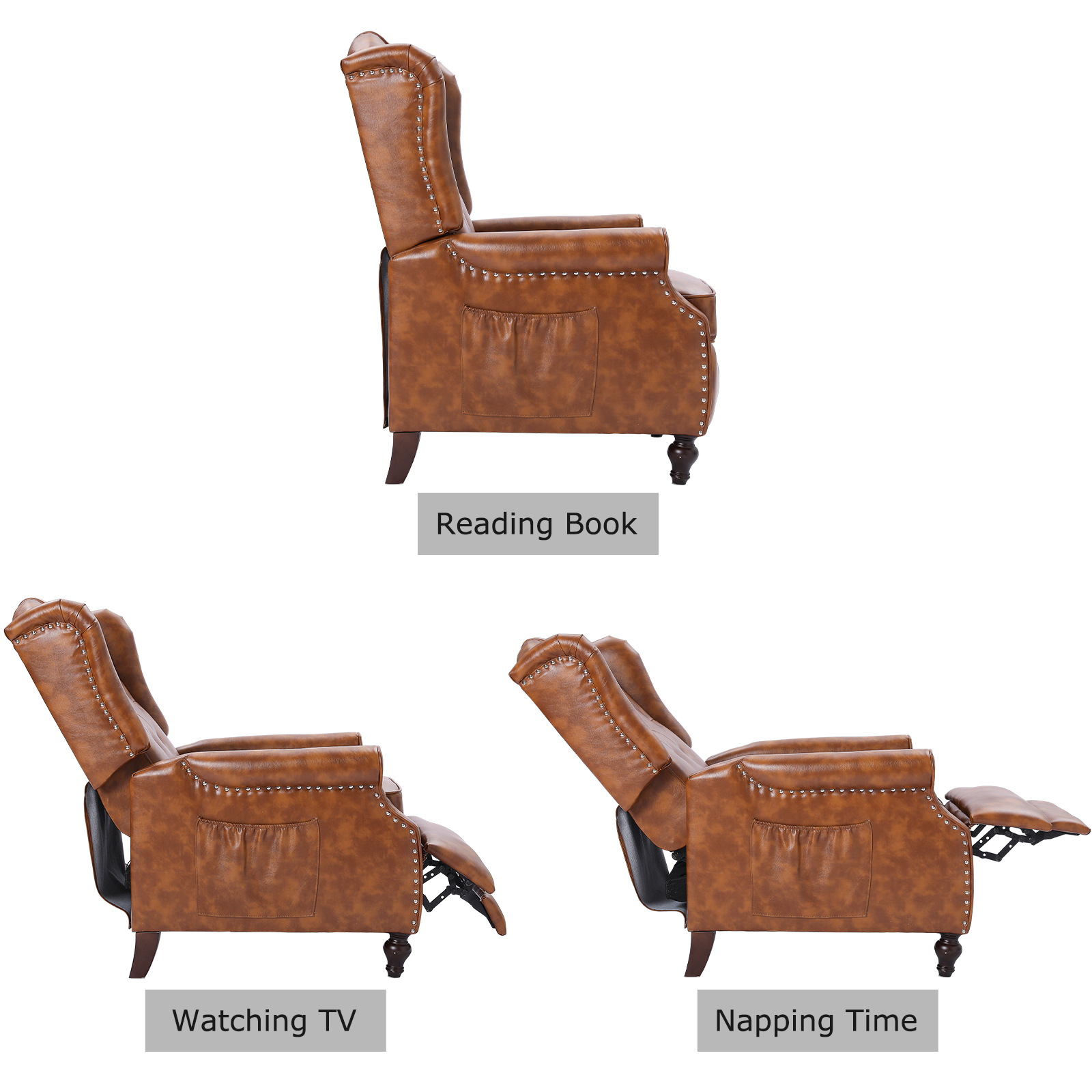 Recliner Wingback Chair - PU Leather Arm Chair Recline Heating Function, Adjustable Backrest,Brown