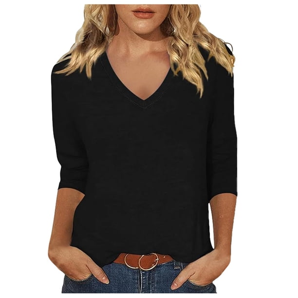 Top de manga tres cuartos con cuello en V para mujer, estilo casual y moderno, para el verano - Material de poliéster, ligero y transpirable - Para el día a día, actividades al aire libre y fiestas
