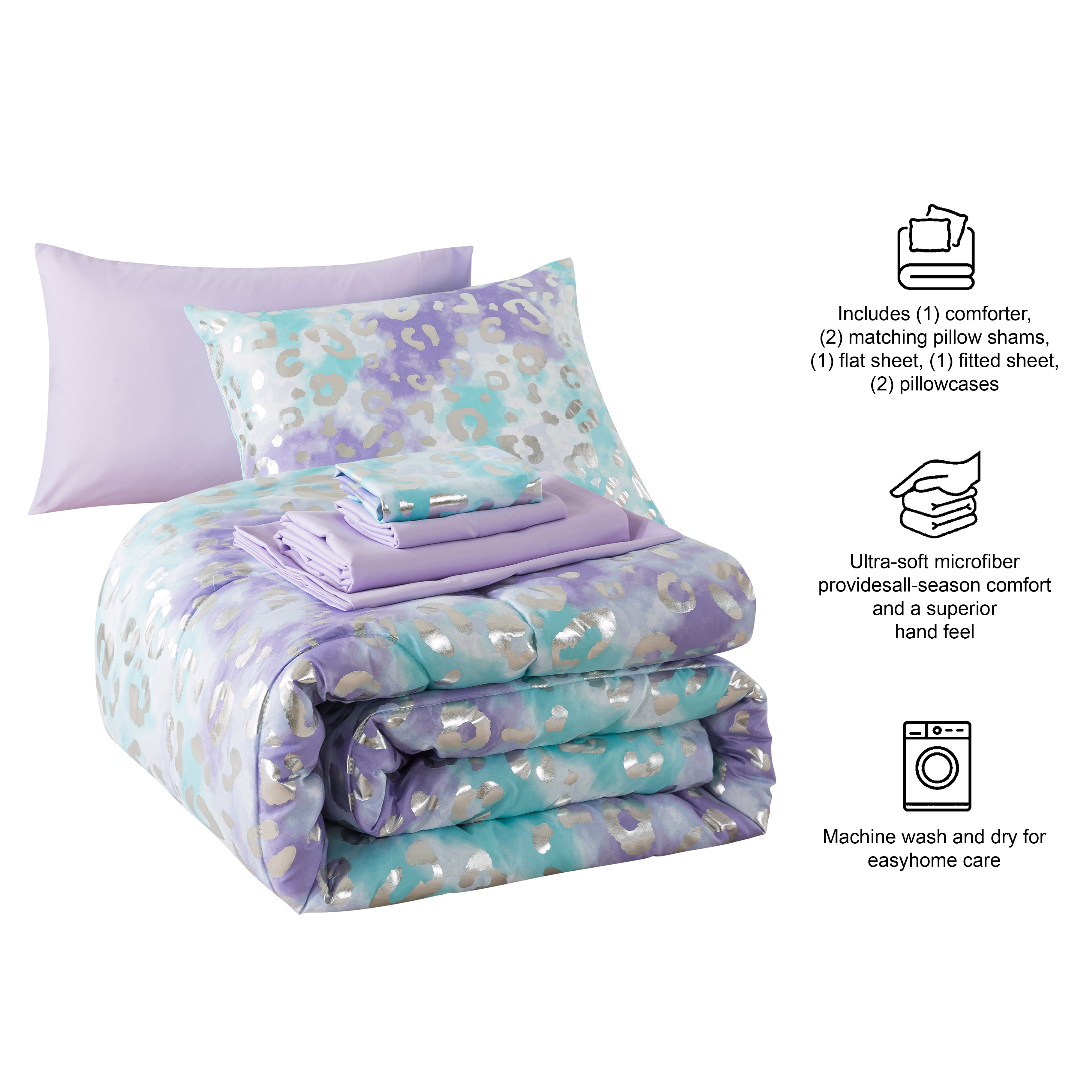 Your Zone 7-Piece Purple Metallic Foil Cheetah Bedding Set for Kids with Storage Bag, Full