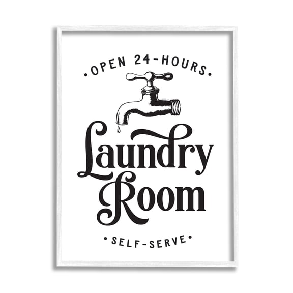 Stupell Industries Self-Serve Laundry Room Sign Vintage Faucette Drip Country Painting White Framed Art Print Wall Art, 24 x 30, Design by Lettered and Lined