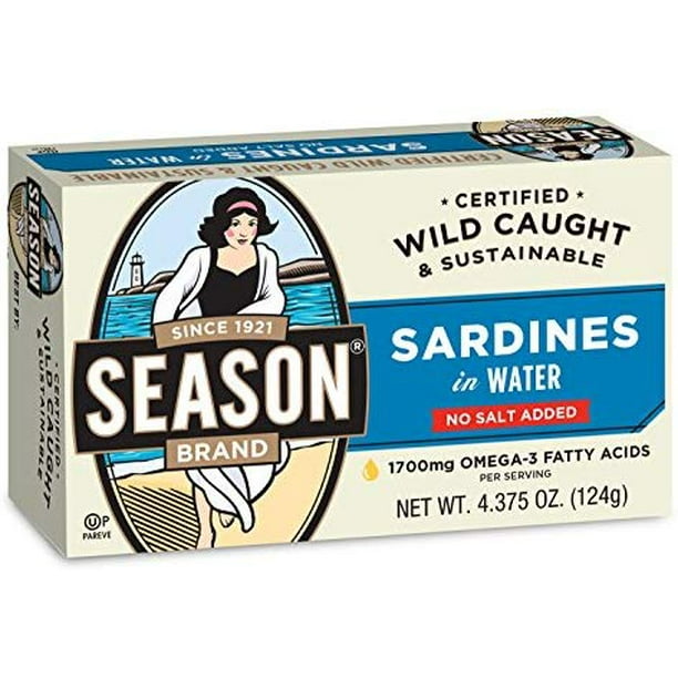 Season Sardines in Water, No Salt Added, 4.375Ounce Tins (Pack of 12