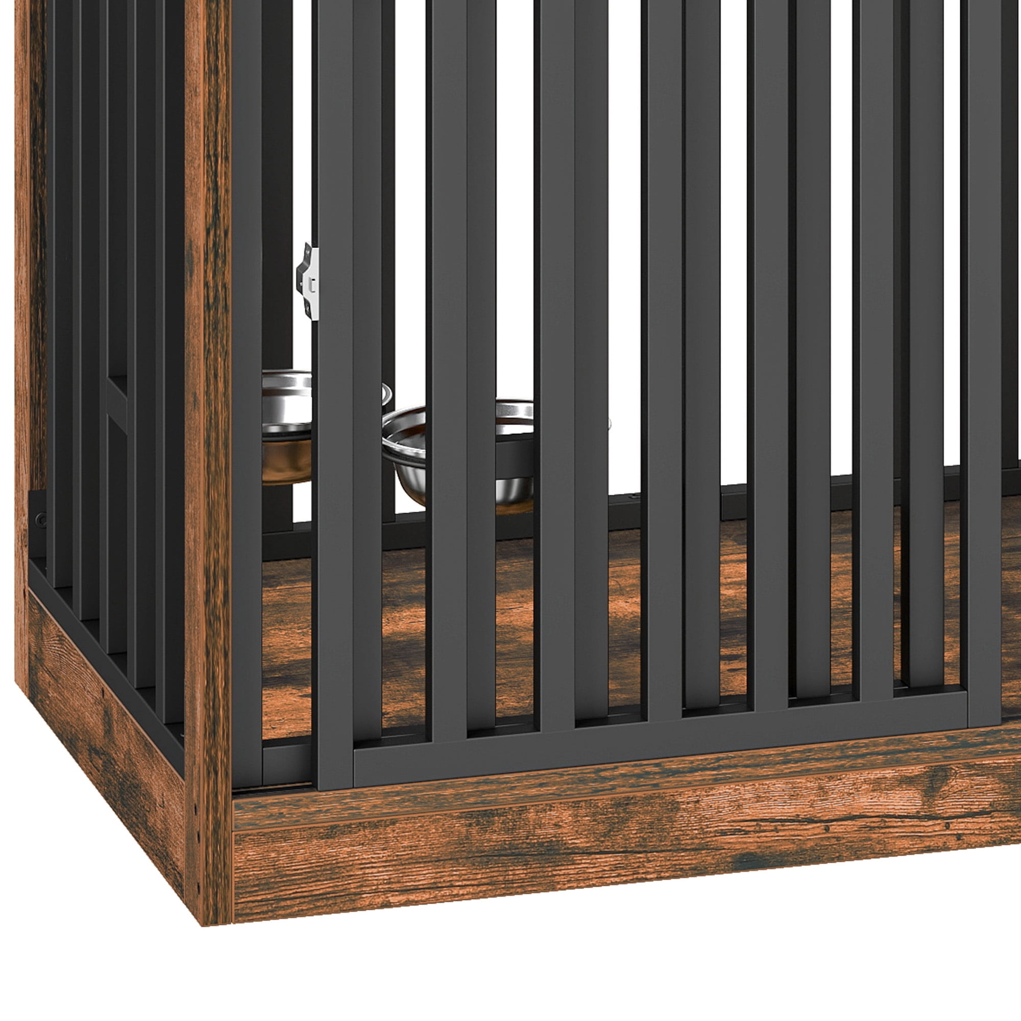 Uforic 71" Double Dog Crate Furniture, Heavy Duty Wood Dual Kennel TV Stand with Sliding Doors & Dog Bowls (Rustic Brown)