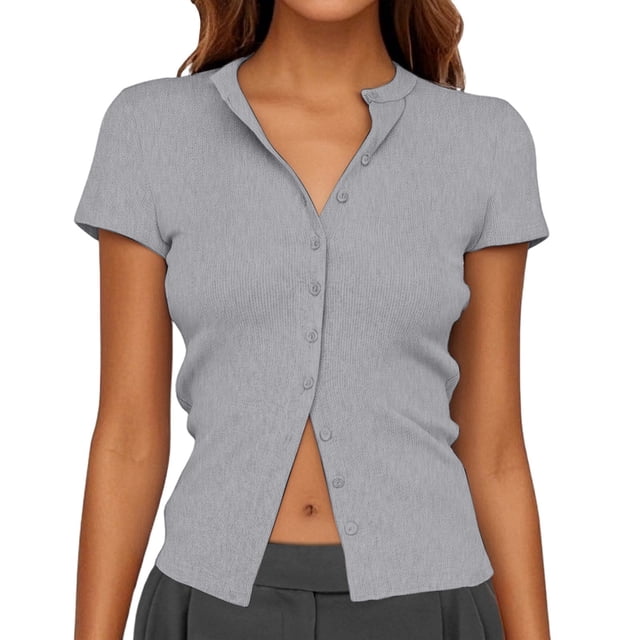 Women's Button-Up Ribbed Short Sleeve Cardigan - Pure Color, Soft Stretchy Fabric, Versatile for Casual Wear, S/M/L Sizes