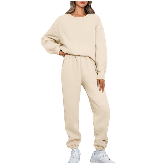 Pisexur Ensemble Pantalon 2 Pcs Mode Décontractée Ensemble de Survêtement Uni pour Femmes Chandails à Manches Longues à Col Rond Hauts à Enfiler Pantalons Longs Élastiques Survêtements Ensembles de Détente P-3TG
