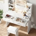 thumbnail image 3 of Vanity Desk with Lighted Mirror, Makeup Vanity Set with Power Outlet, Cushioned Stool, Vanity Table with 6 Storage Shelves, 2 Large Drawers and 3 Color Light Adjustable Brightness, Pink, 3 of 9