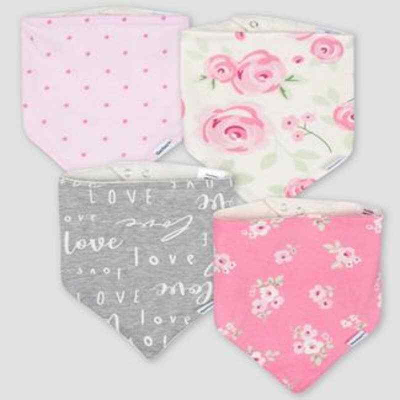 Gerber Baby Bibs Girls' 4 pack Set Floral Bandana Pink White Gray Snaps