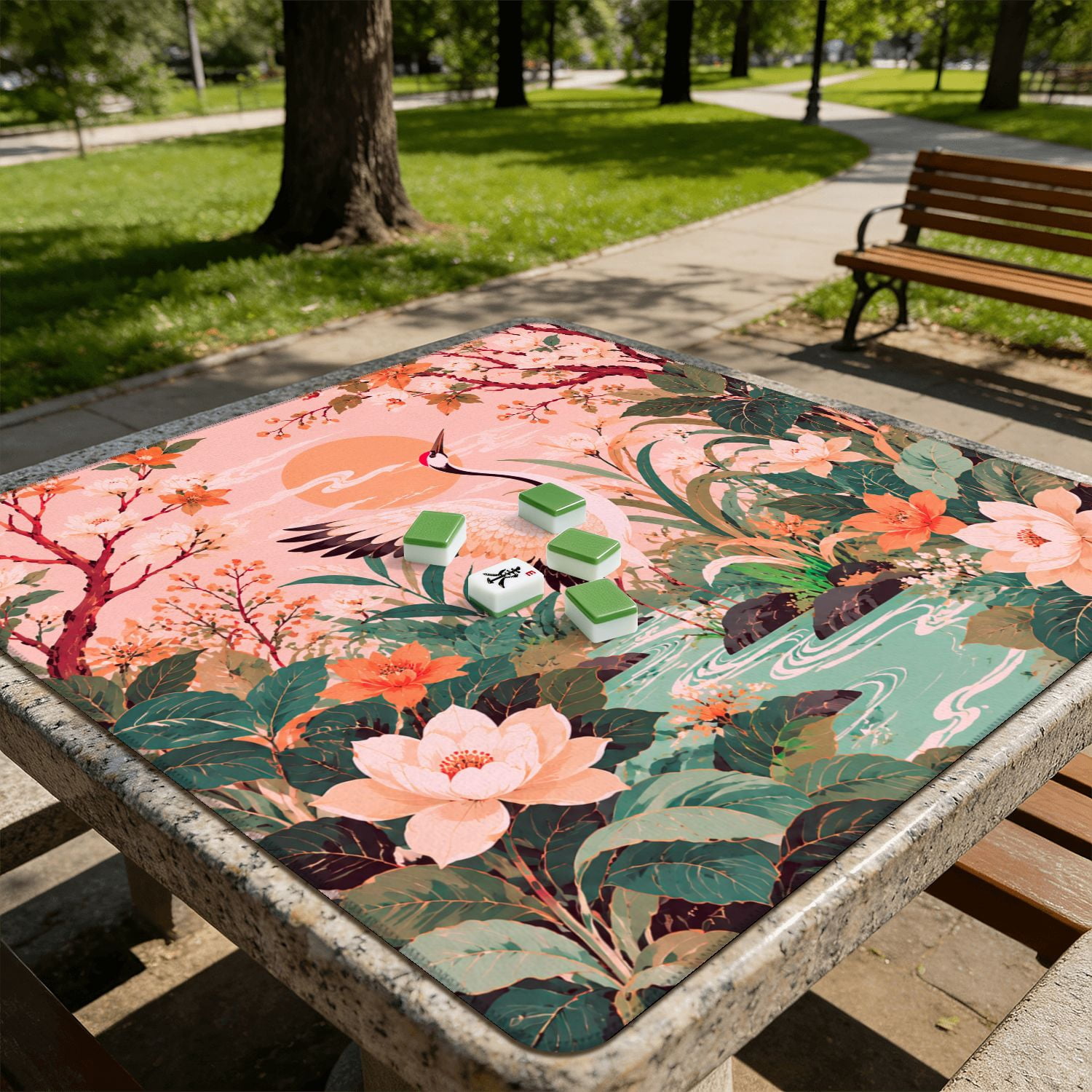 Mahjong Mat 31.5" x 31.5" Pink Crane Standing Lotus Flowers Traditional Floral Watercolor Non-Slip Noise Reduction American Mahjong Tiles Table Cover for Dominoes Poker Card Board Games Gift