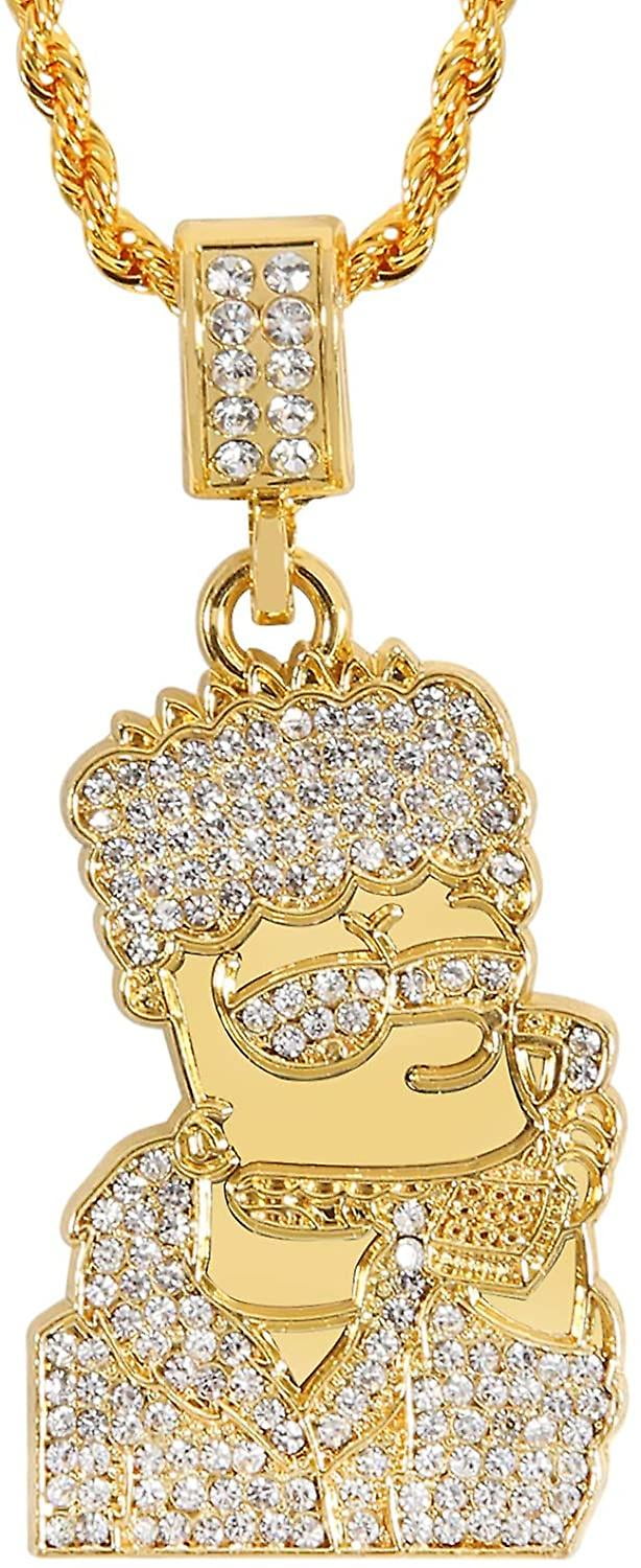 Men's Necklace Gold Plated Cz Fully Iced Out Cartoon Stainless Steel Cartoon Character Pendant