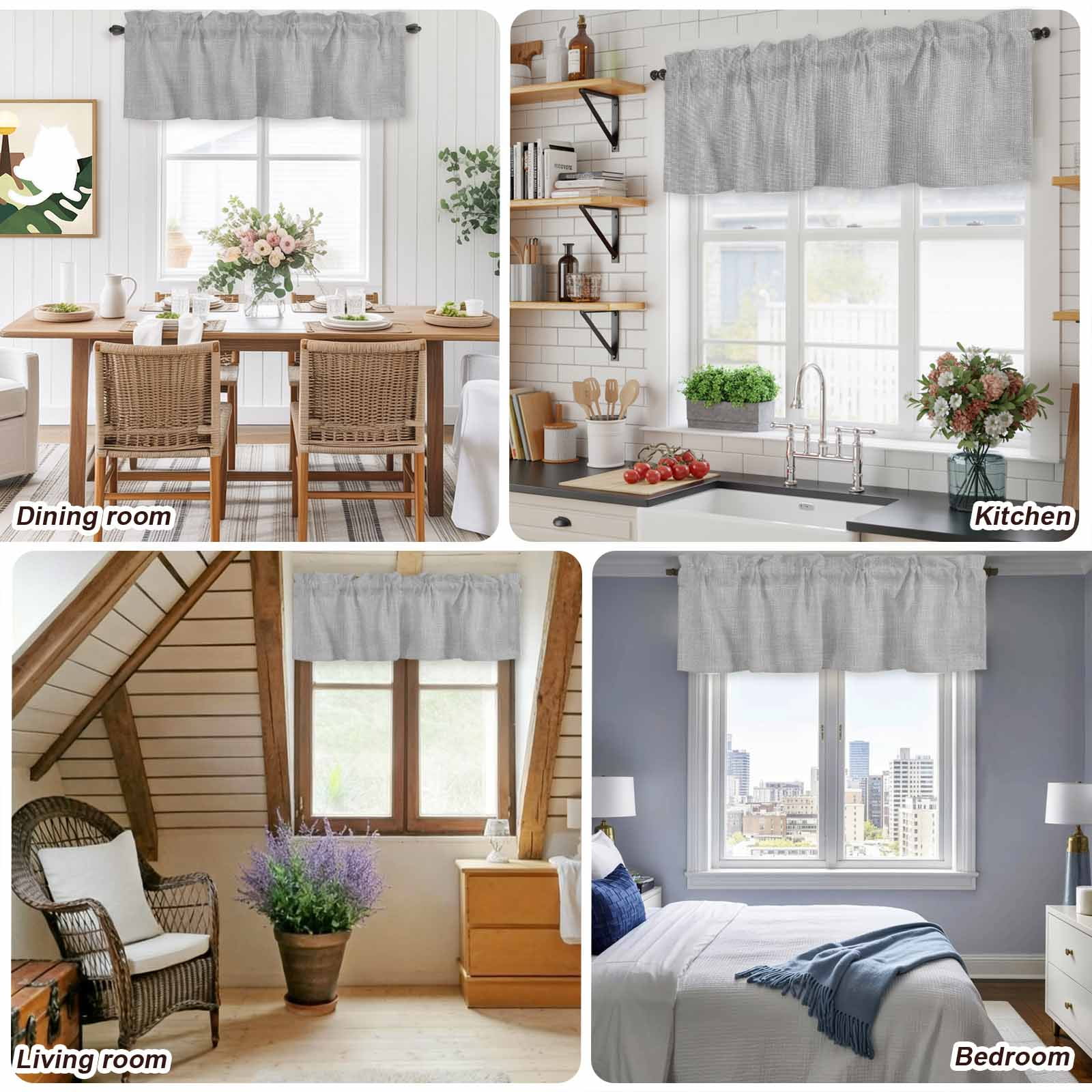 Solid Color Gray Valances for Windows,Rod Pocket Valance for Kitchen Bedroom Bathroom Living Room, Vintage Linen Monochrome Pattern Window Valance Curtain Farmhouse Home Decor Short Curtains 60x18in