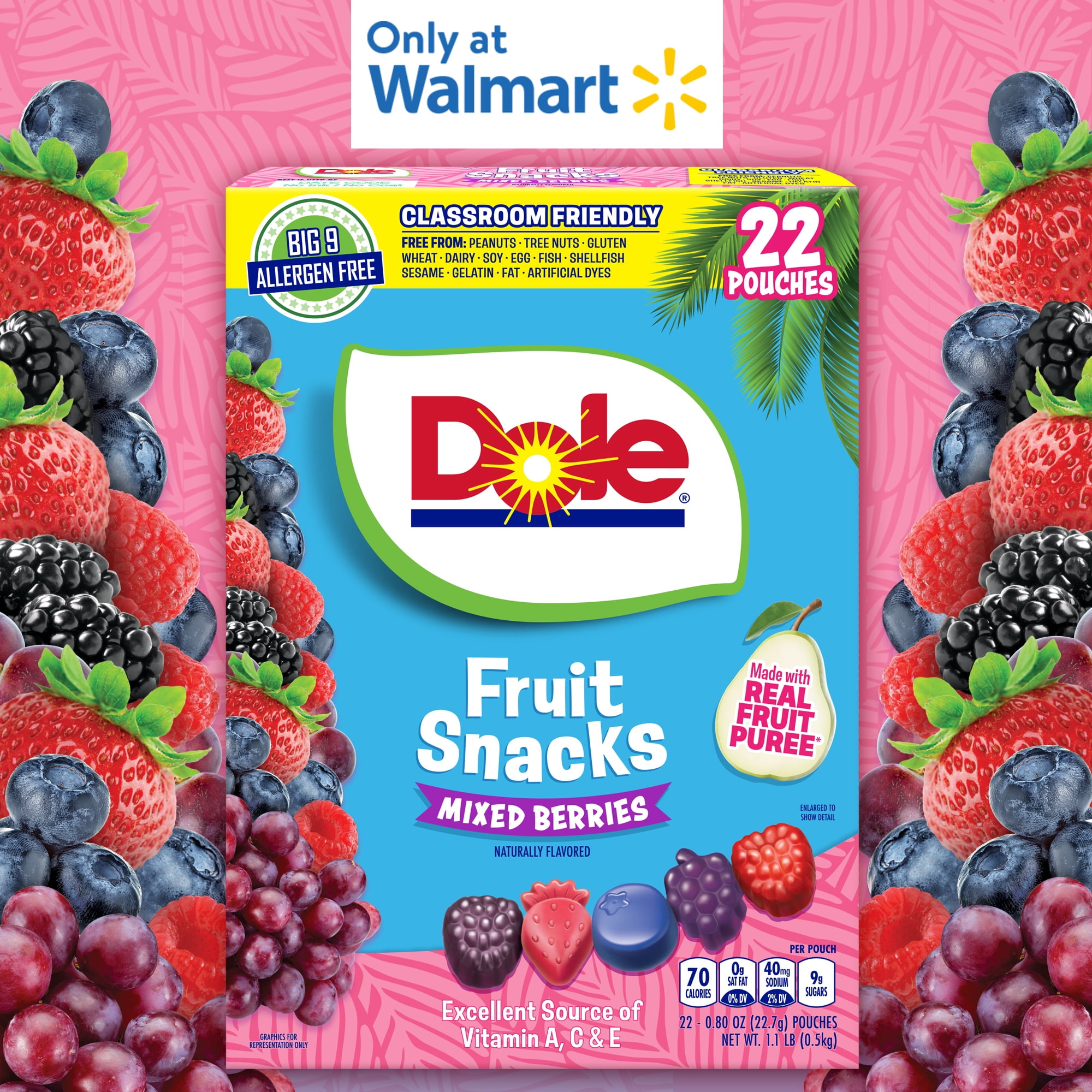 Dole Fruit Snacks, Mixed Berries Flavored, Big 9 Allergen Free, Dye Free, Gluten Free, Gelatin Free, Lunch Snacks 22 Count