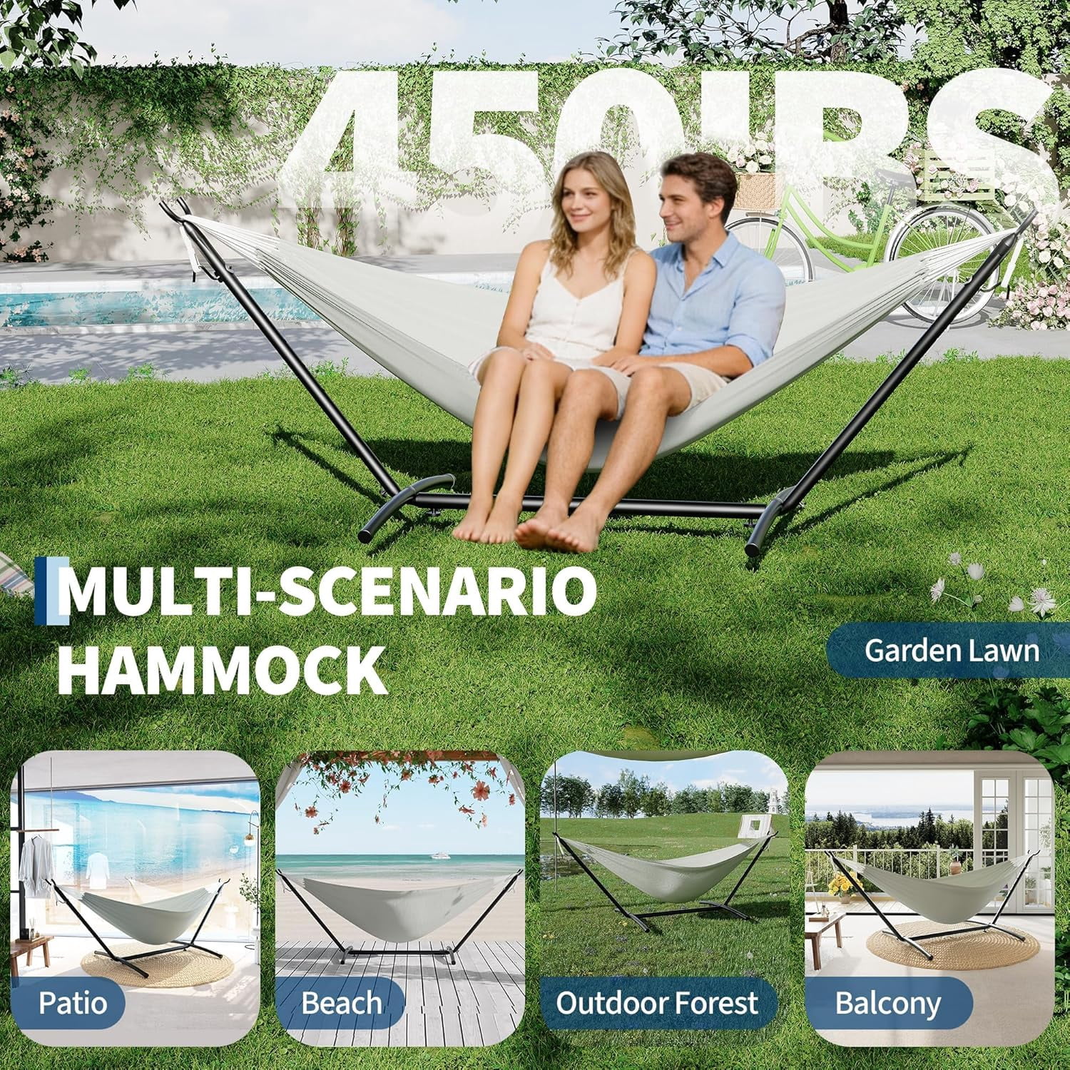 IdealHouse 2 Person Hammocks with Stand for Outside, Double Hammocks Portable Space Saving Heavy-Duty Steel Stand for Indoor Outdoor Patio with Carrying Bag, 450 lbs Capacity