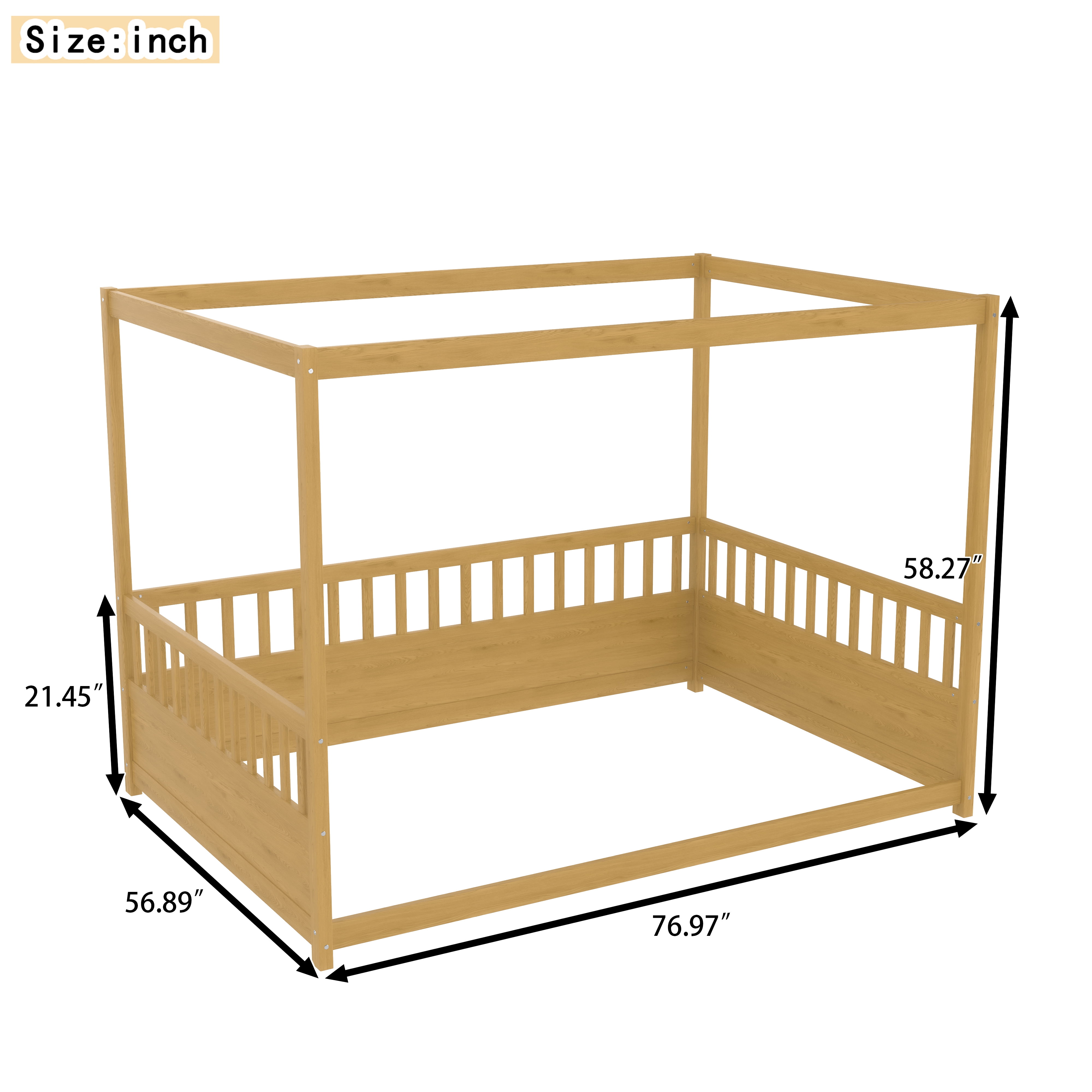 Canopy Bed Frame with Guardrails for Kids, Full Size Floor Bed with Four Poster Design, Natural Pine Wood Montessori Bed, Low Profile Floor Bed with 21.45-Inch Guardrail