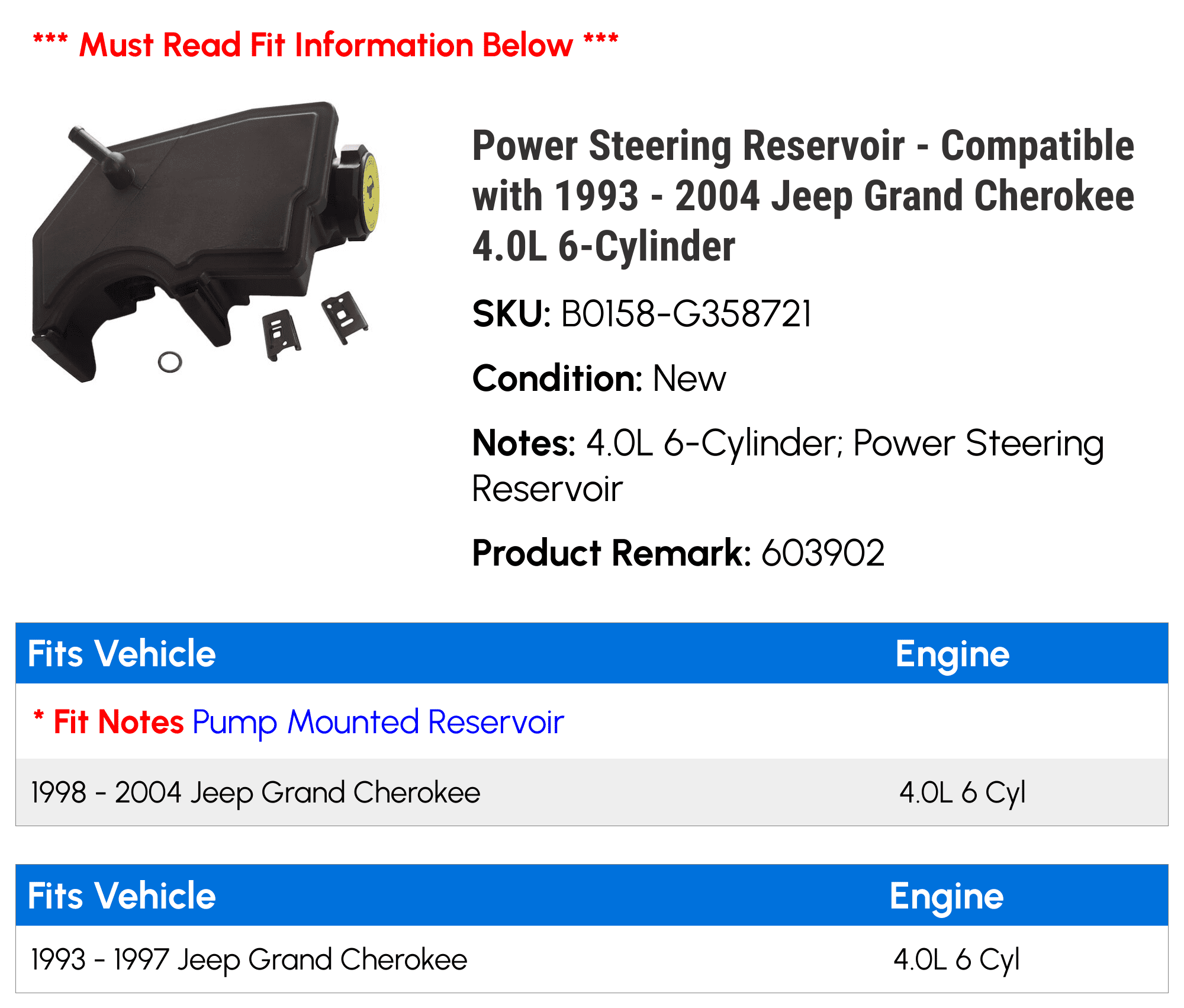 Power Steering Reservoir - Compatible with 1993 - 2004 Jeep Grand Cherokee 4.0L 6-Cylinder 1994 1995 1996 1997 1998 1999 2000 2001 2002 2003