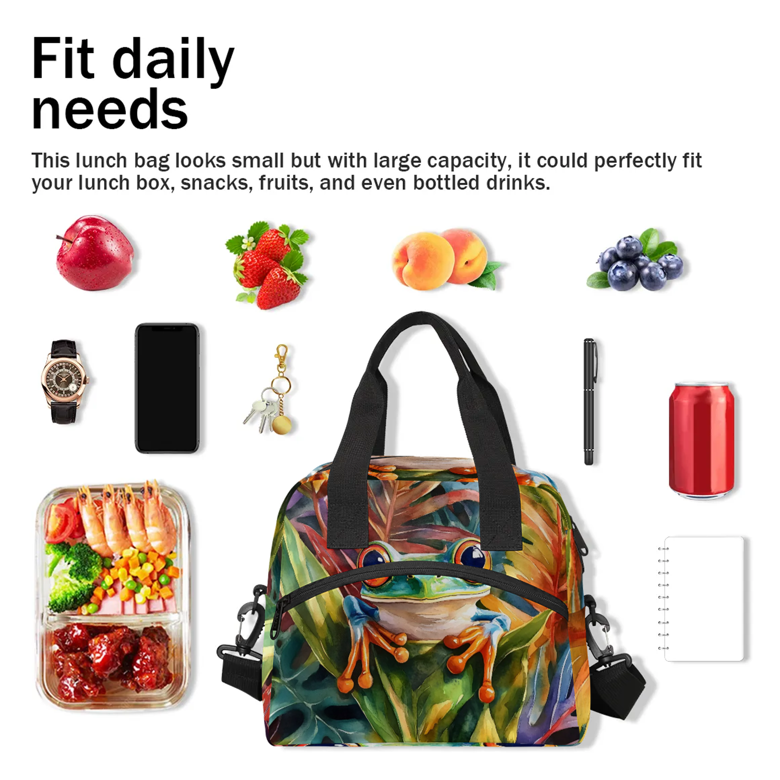 Herdesigns Green Frog Lunch Bag for Men Women Adults Cute Cartoon Frog Insulated Lunch Box Leakproof Cooler Tote Bag Organizer with Adjustable Shoulder Strap