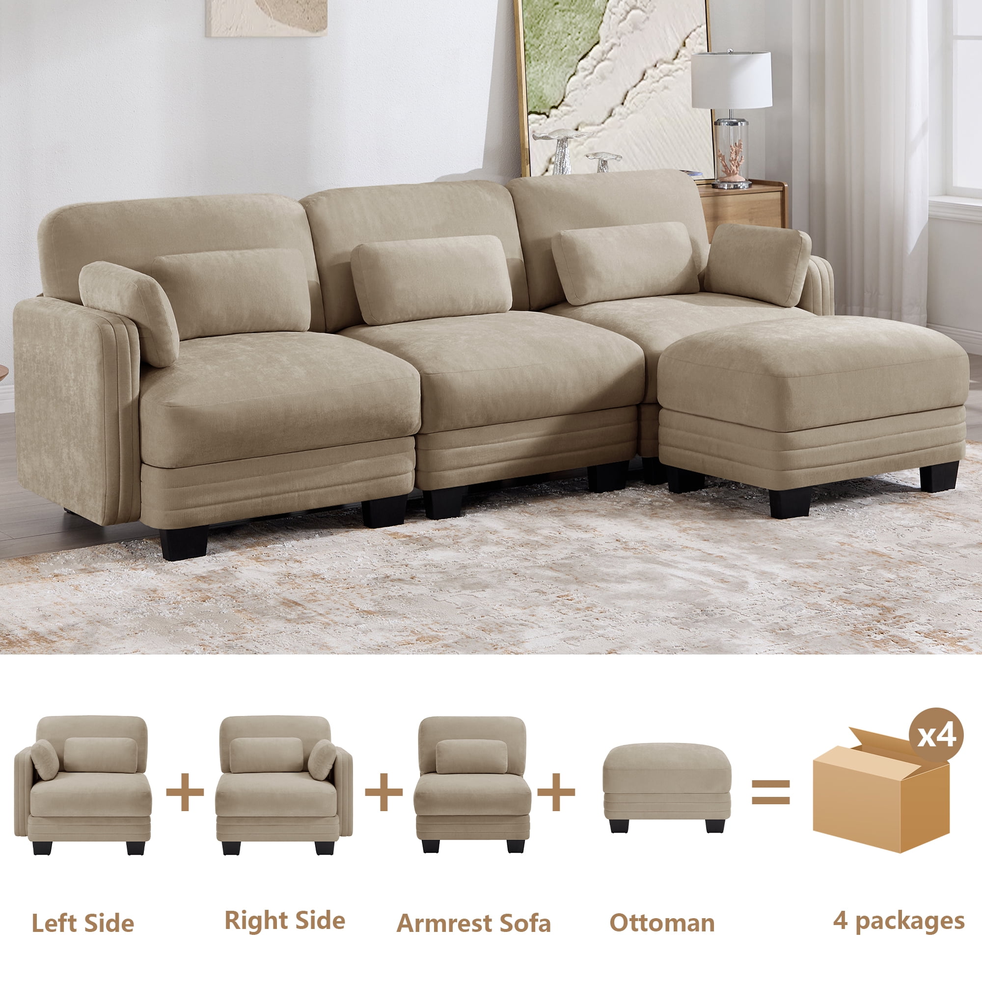 100" L Shape Modern Modular Sectional 3 Seater Sofa Couch with Movable Ottoman and 5 Pillows