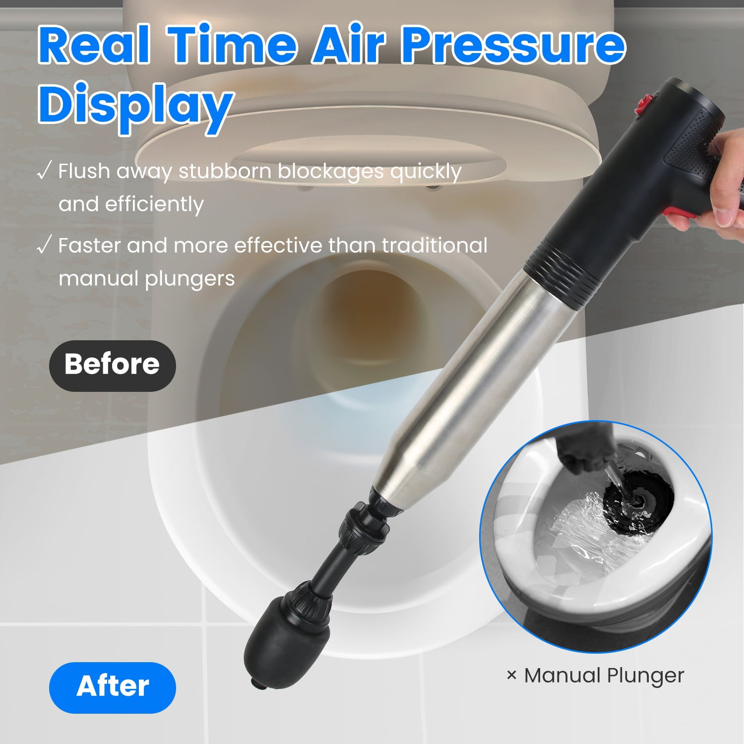 Electric Toilet Plunger, High Pressure Air Plunger Air Drain Blaster Drain Clog Remover with Real Time Pressure Display for Toilets Bathroom Floor Drain Kitchen Sinks Plumbing Clogs