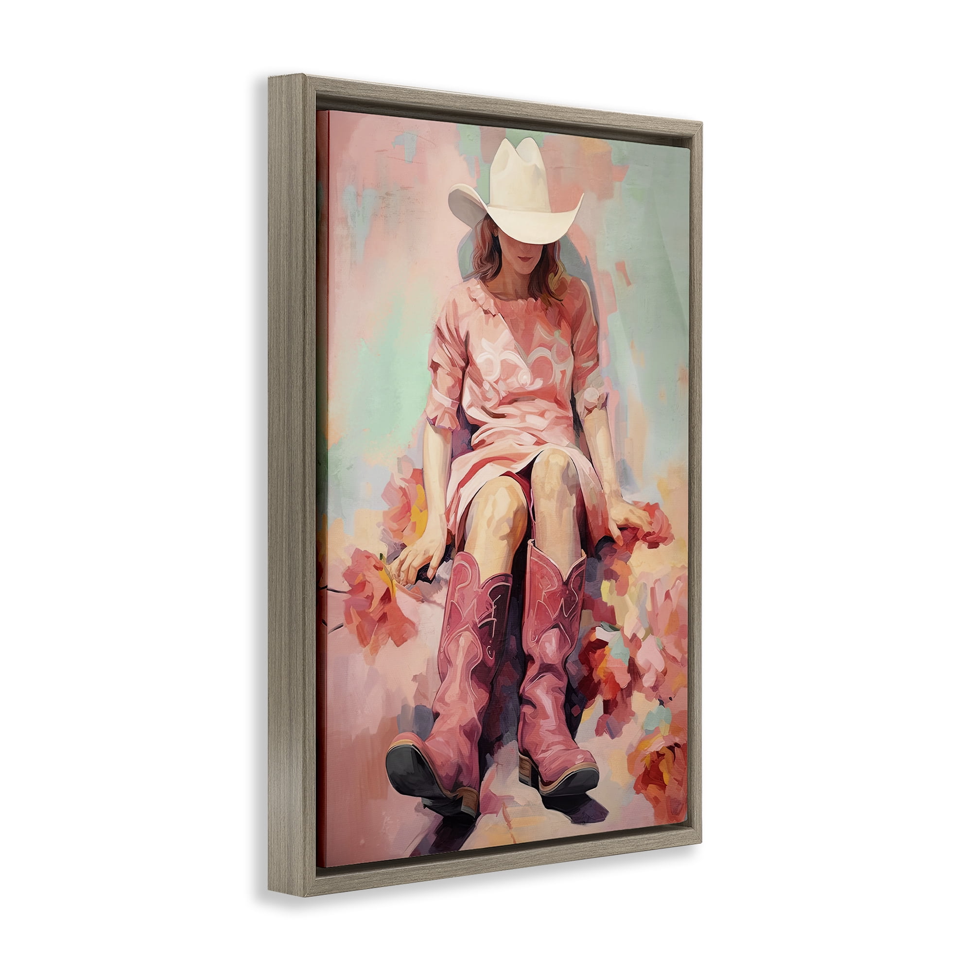 Stupell Industries Cowgirl & Soft Florals Novelty Painting Brown Floater Framed Canvas Art Print Wall Art, 21 x 31
