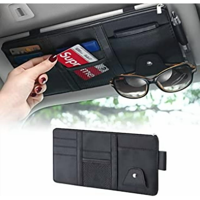 Organizador de visera para coche (negro), bolsa de almacenamiento de visera de cuero con cremallera, tarjetero de bolsillo multifuncional de 11,4 x 5,9 pulgadas, universal para M