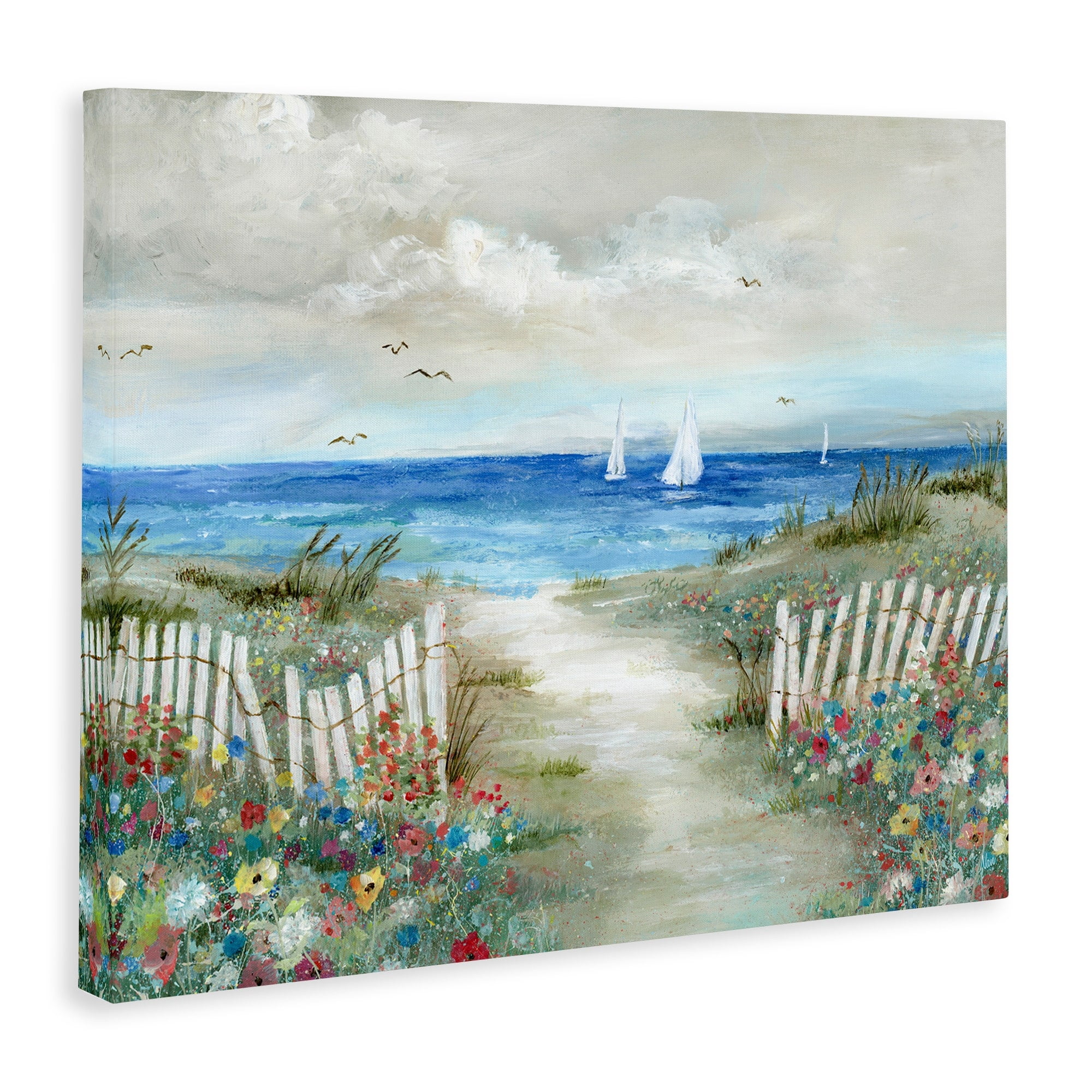 Stupell Industries Gorgeous Beach Scene Poppies Blooming White Fence Ocean Coastal Painting Gallery-Wrapped Canvas Print Wall Art, 40 x 30, Design by Nan
