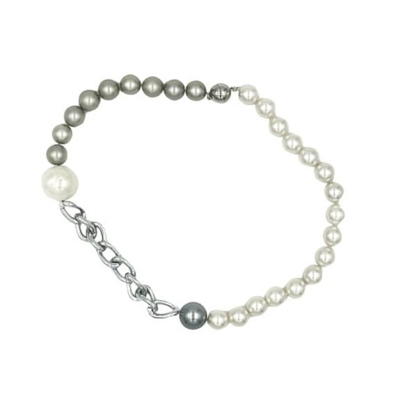 Suzannes Jewelry Short Blocked Chain and Pearl Necklace with White and Silver Accent Pearls for Women