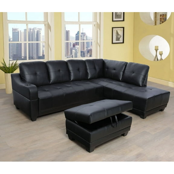 PonLiving Furniture 96" Wide Black Leather Right Hand Facing Sectional Sofa & Chaise with Ottoman PonLiving Furniture 96" Wide Black Leather Right Hand Facing Sectional Sofa & Chaise with Ottoman