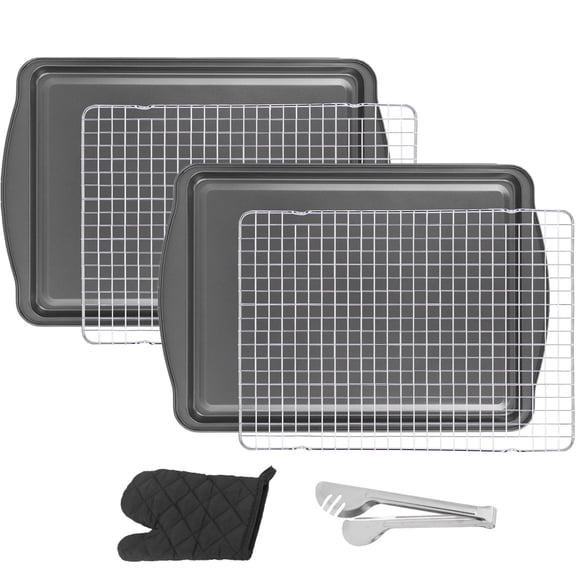 Yucurem 6 Pcs Bakeware Set, 2 Baking Sheet 17" x 11", 2 Wire Cooling Rack 14" x 10", Tongs and Oven Mitts, Non-stick, Gray