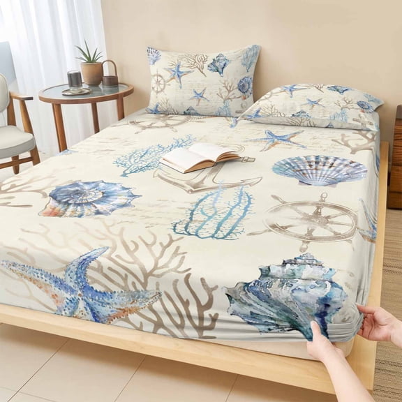 Queen Size Fitted Sheet Set - Nautical Coastal 3 Piece Bedding Sets 16" Deep Pocket Fitted Sheet with 2 Pillowcases, Vintage Beach Coral Starfish Shell Brushed Microfiber Hotel Luxury Bed Sheets