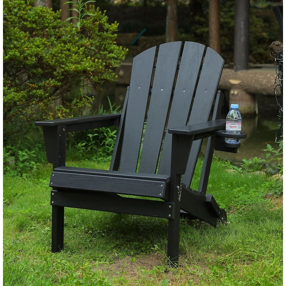 S-HOME Weather-Resistant HDPE Folding Adirondack Chair Featuring Dual Cup Holder In Classic Wood Texture For Relaxation