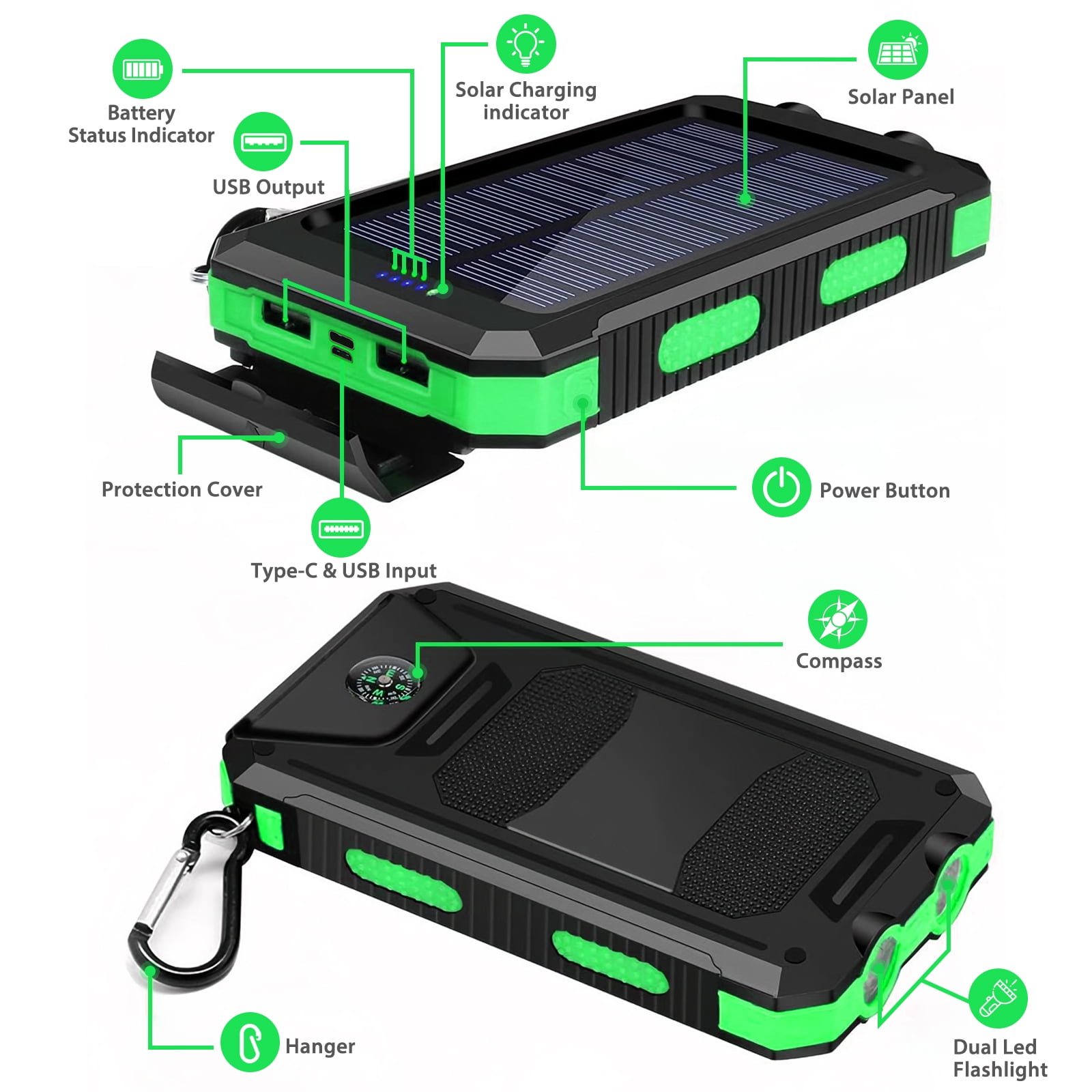 2PK BAOKALER 30000mAh Solar Charger for Cell Phone iPhone, Portable Solar Power Bank with Dual 5V USB Ports, 2 Led Light Flashlight, Compass Battery Pack for Outdoor Camping Hiking(Green)