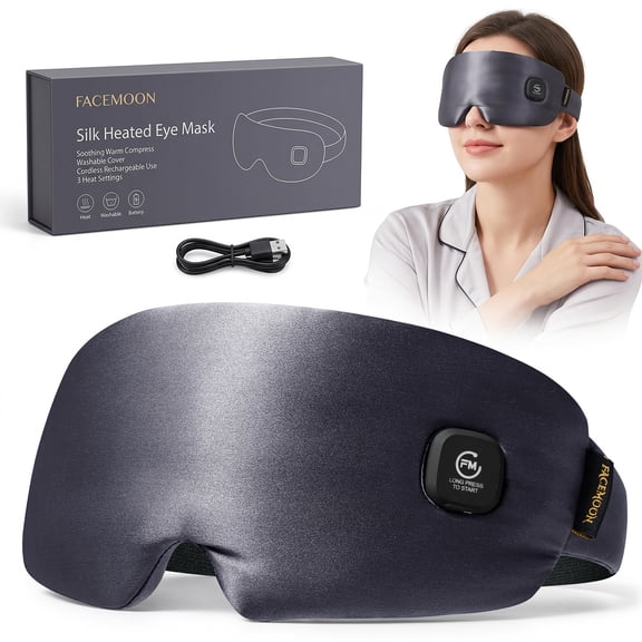 Heated Eye Mask for Dry Eyes, 100% Pure Silk Warm Compress Eye Mask, Washable Cordless Heating Pad for Tired Eyes, Puffy Eyes, Eye Fatigue, 3 Heat Settings, Auto Shut-Off and Rechargeable Battery